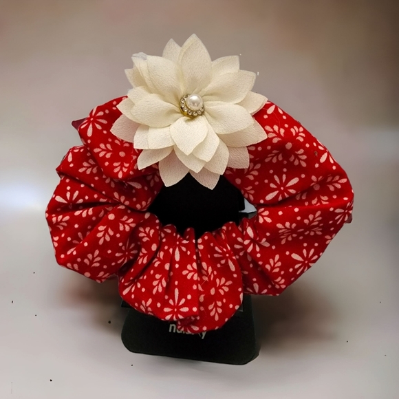 Red Floral Scrunchie with White Pearl Flower - Picture 2 of 9